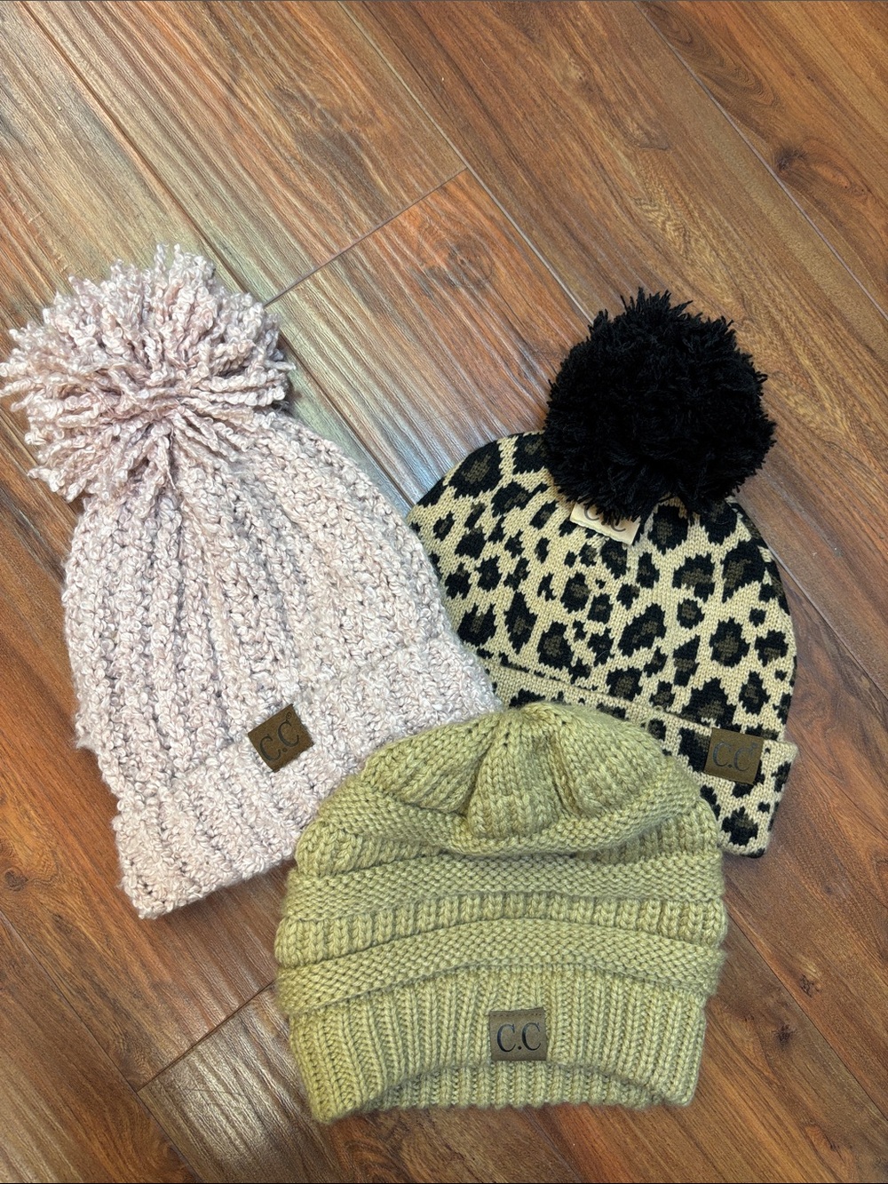 C.C Kids 3-Pack Pom Beanies — Pink, Leopard (Black & Cream), Olive